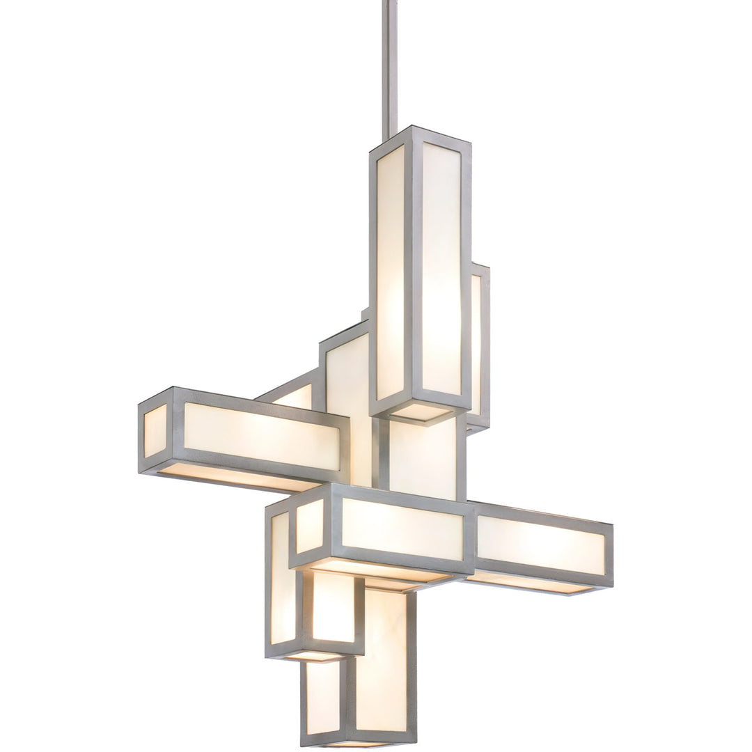 Montage geometric wrought iron chandelier with intersecting illuminated rectangular forms and natural alabaster panels, made in the USA.