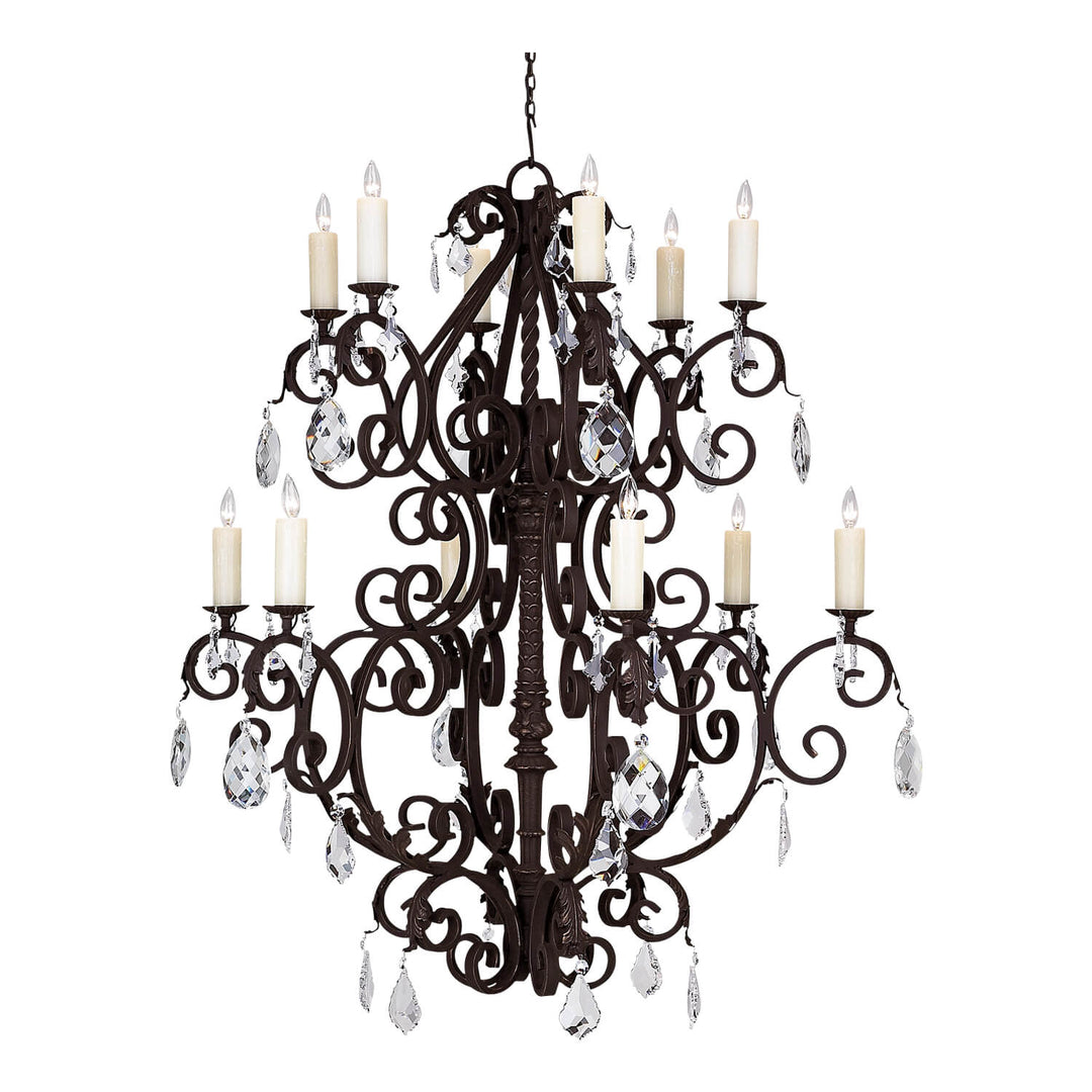 Monte Carlo Heritage 12-light wrought iron chandelier with ornate scrolling arms, candle-style lights and faceted hanging crystal drops.