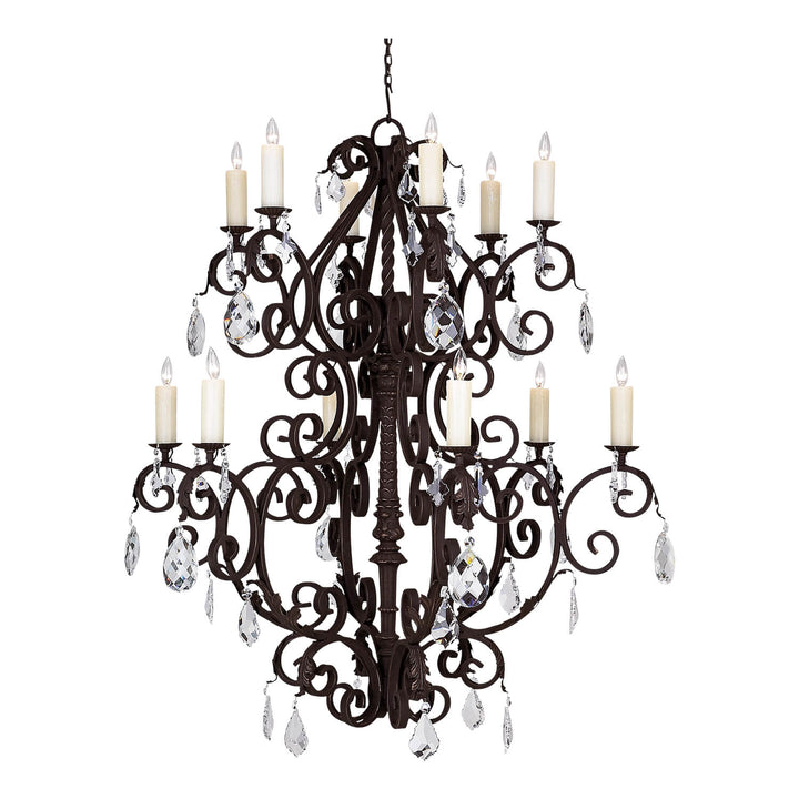Monte Carlo Heritage 12-light wrought iron chandelier with ornate scrolling arms, candle-style lights and faceted hanging crystal drops.