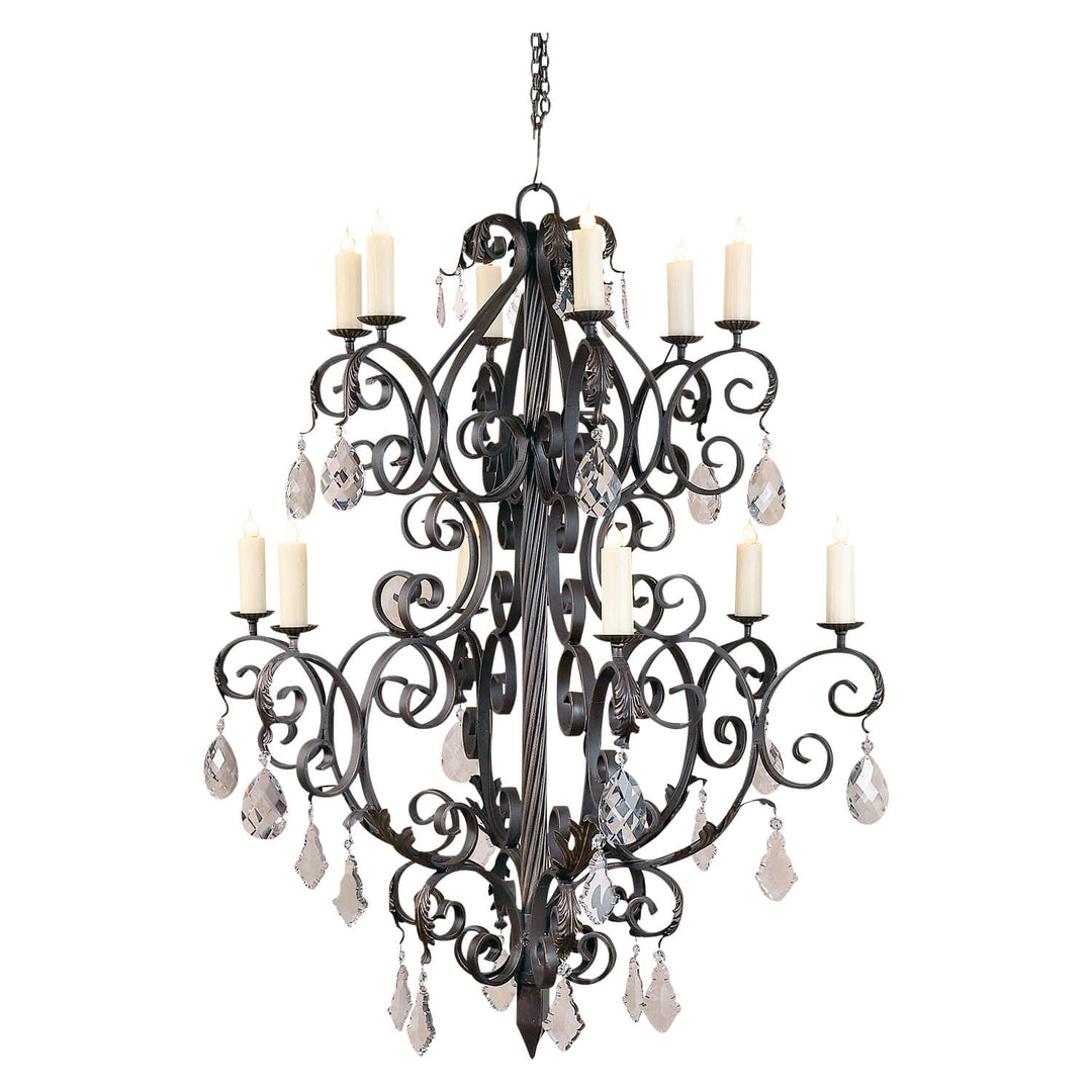 Monte Carlo Openwork twelve-light wrought iron chandelier with open scrollwork, two-level candle arms, and faceted hanging crystal drops.