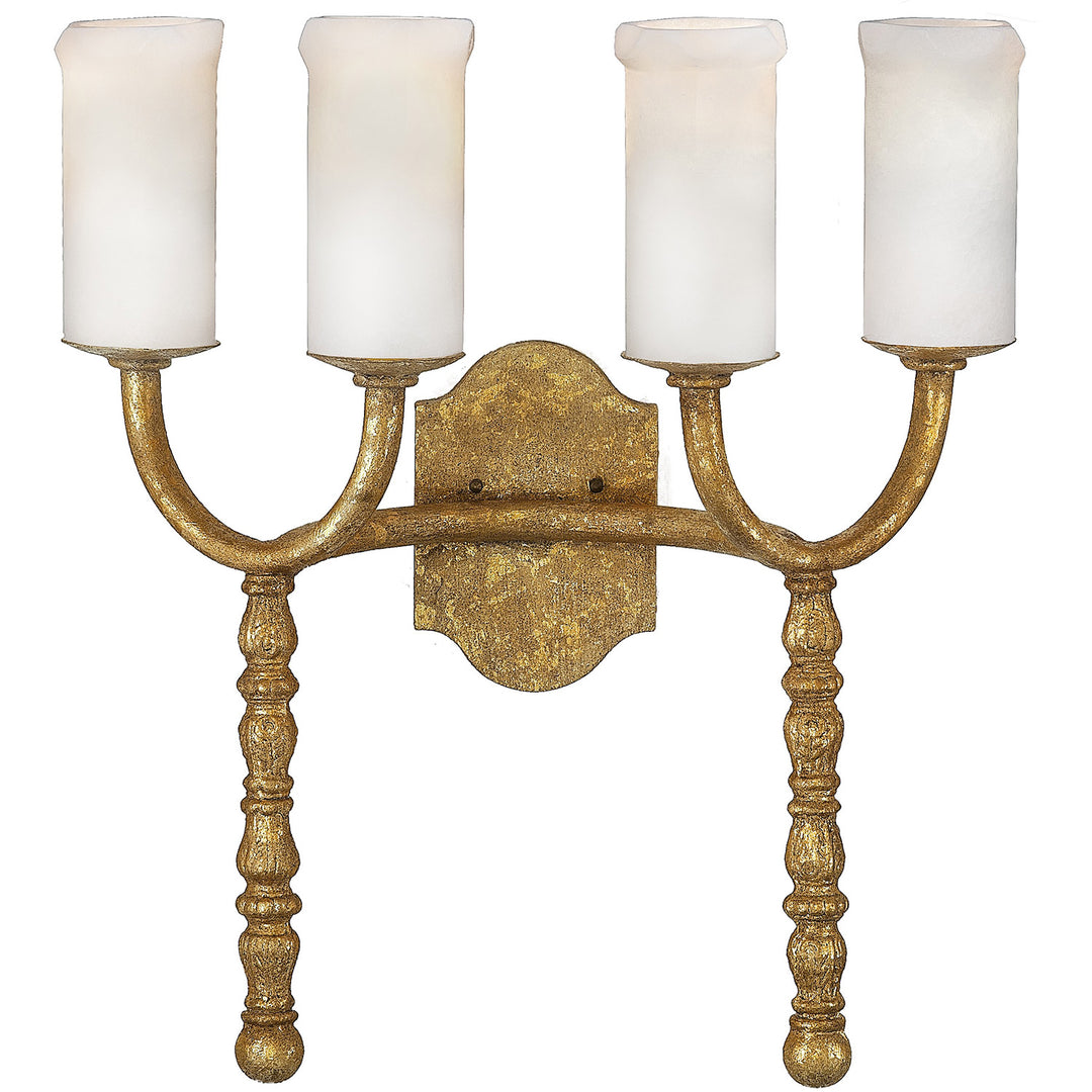 Montecito four-light alabaster wall sconce with curved decorative iron arms, natural stone covers, and a hand-applied gold leaf finish.