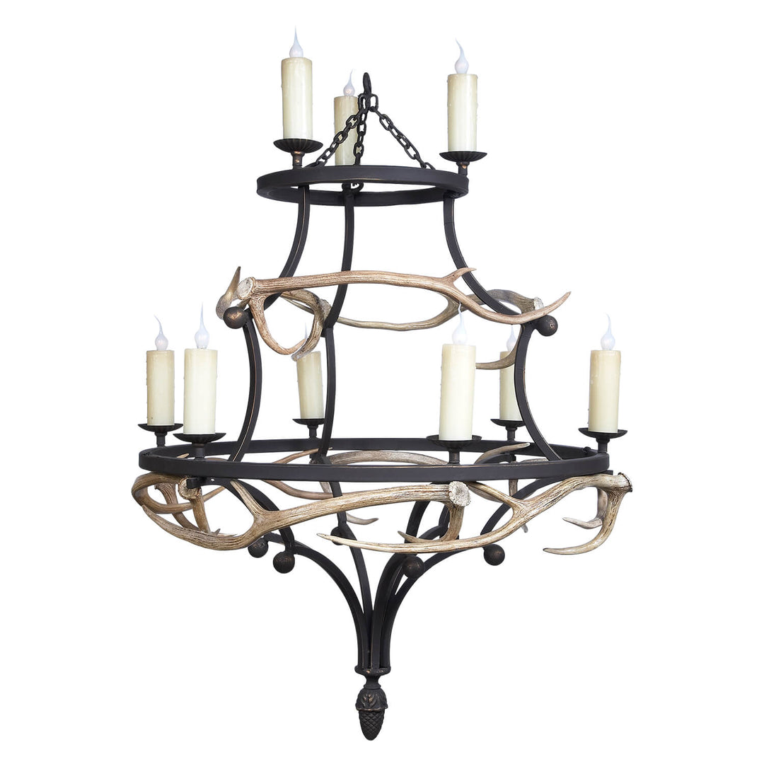 Murray Ball wrought iron antler chandelier with tiered forged iron frame and naturally shed antlers, handcrafted by manufacturer in Dallas Texas