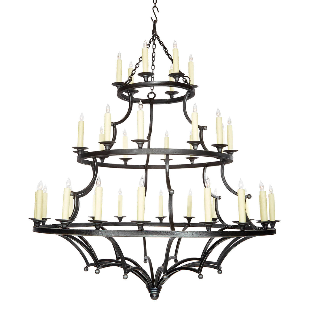 Murray Ball wrought iron chandelier featuring handcrafted forged iron arms and candle lights surrounding a sculptural iron sphere