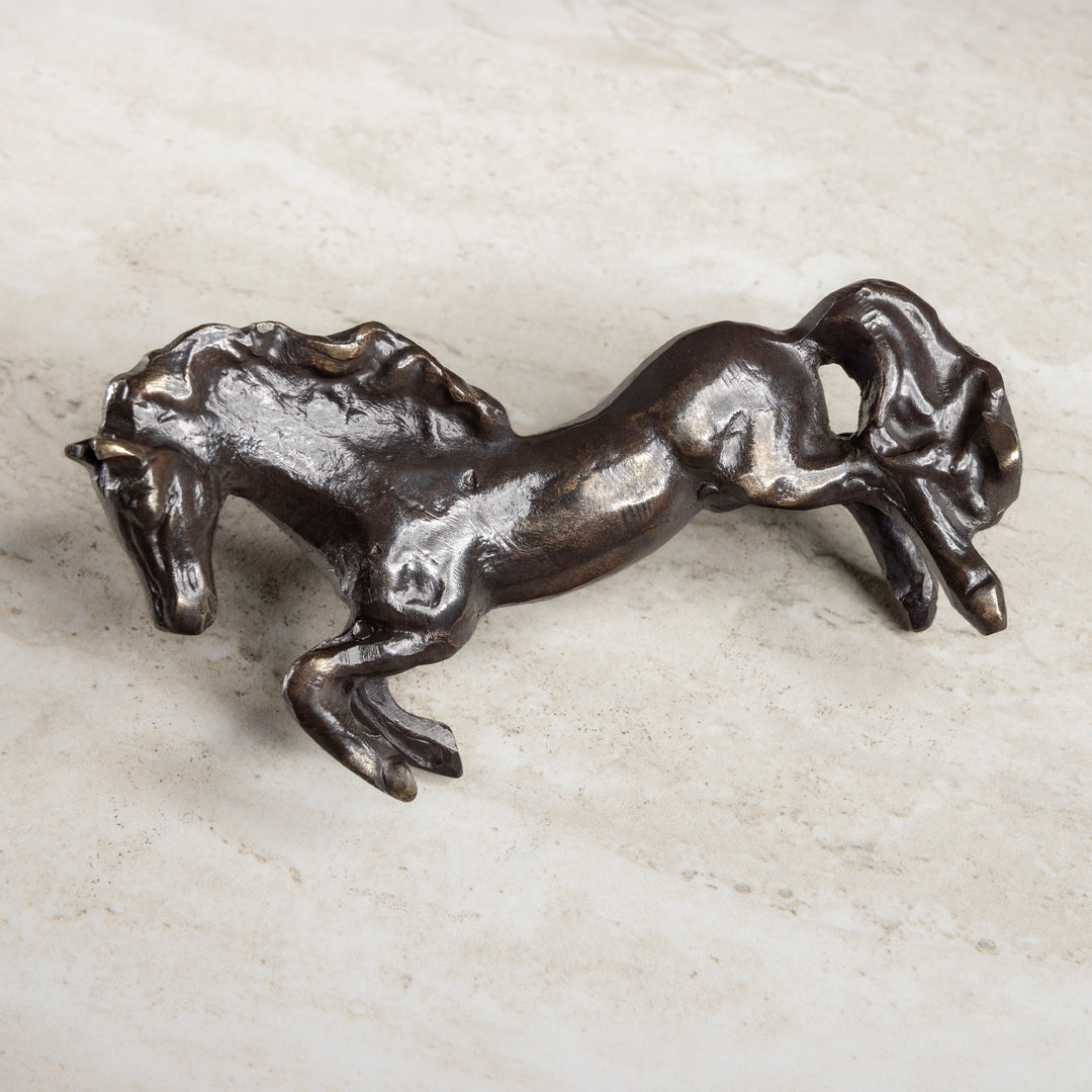 Bronze cabinet pull shaped as a rearing horse for luxury Western interiors