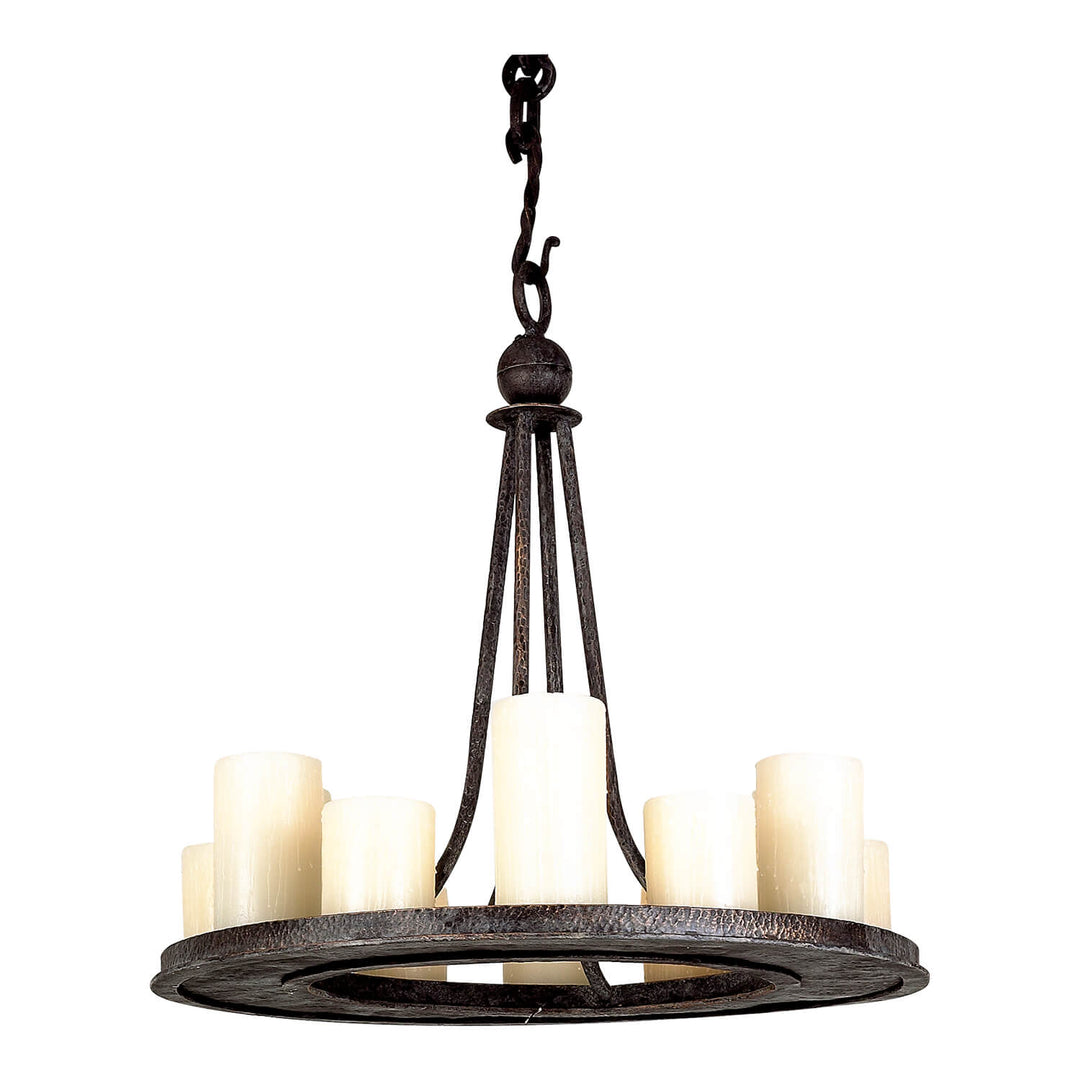 Napa single-tier wrought iron ring chandelier with textured circular frame, tapered suspension rods, dark finish and wax candle covers.