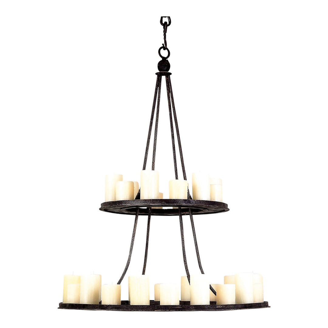 Napa two-tier wrought iron chandelier with open circular frames, layered candle-style lights, slender suspension rods, and a dark artisan finish.