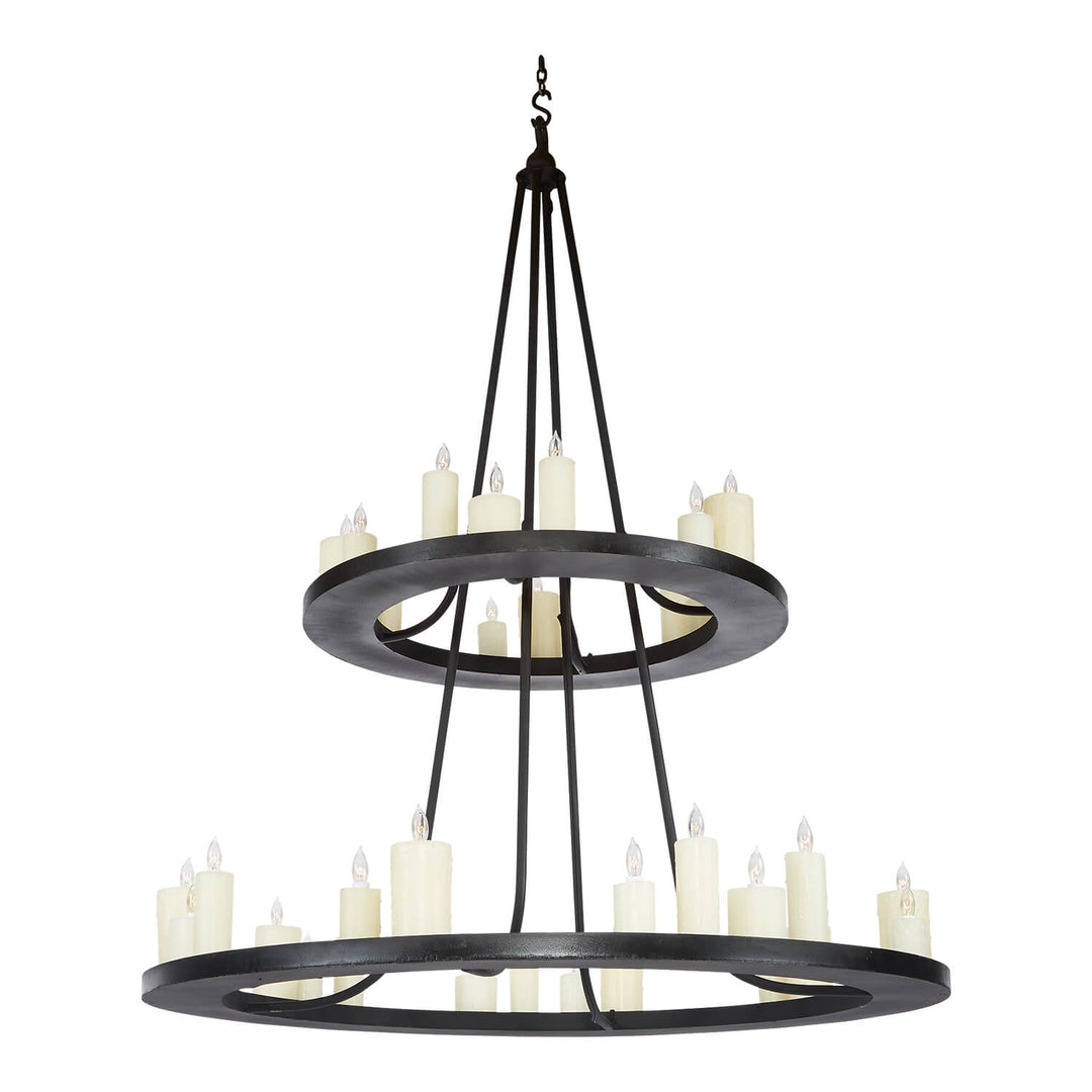Nash 2 tier round wrought iron chandelier with double ring design and candle lights, handcrafted in Dallas with artisan finishes