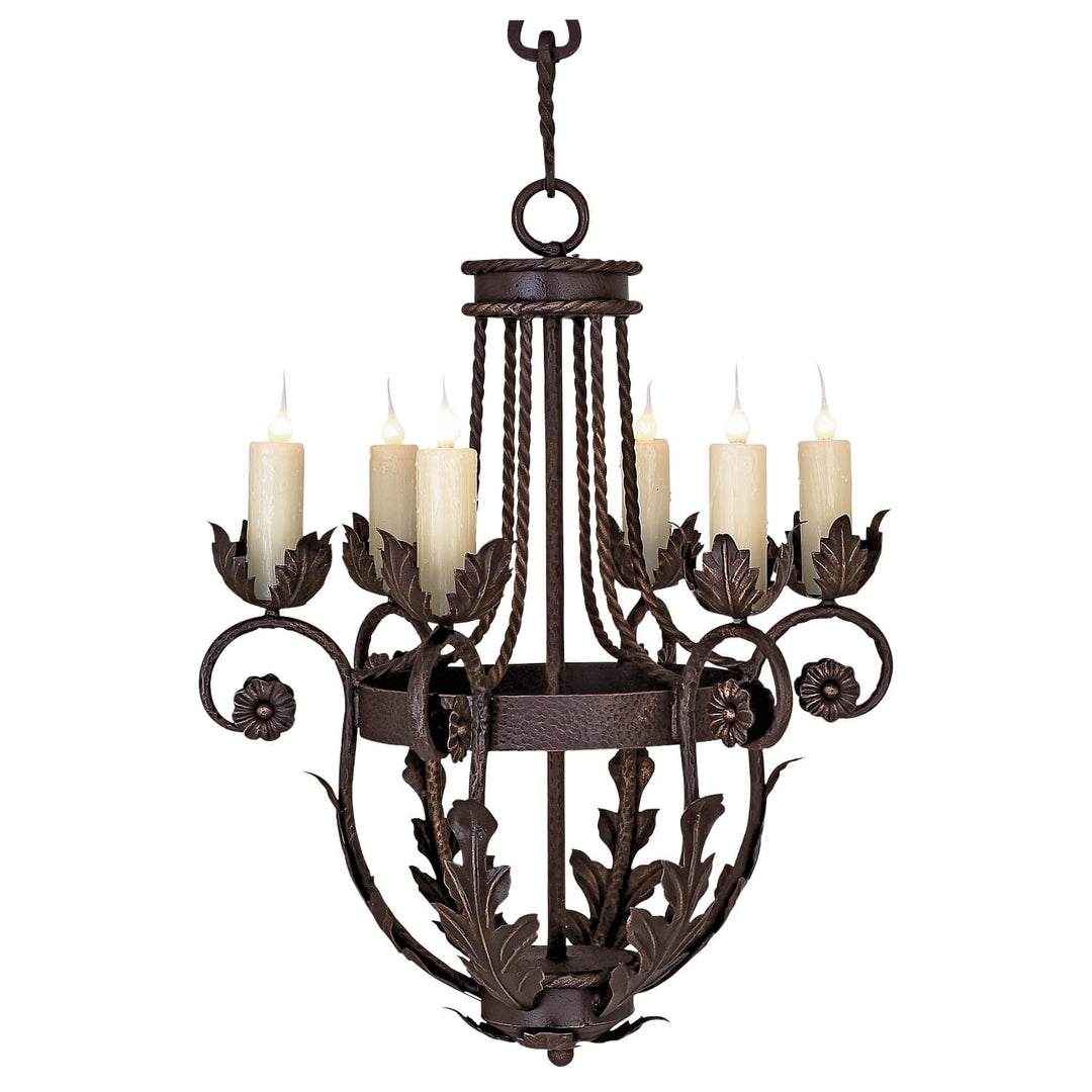 Nelson six-light wrought iron chandelier with sculpted leaf details, floral rosettes, scrolling arms, twisted ironwork, and candle-style covers.