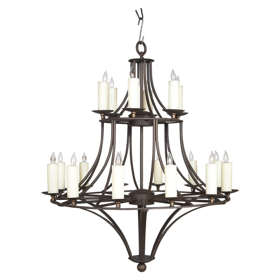 New York 18-light wrought iron chandelier with sculptural curved framework, layered candle lights, and a dark hand-applied artisan finish.