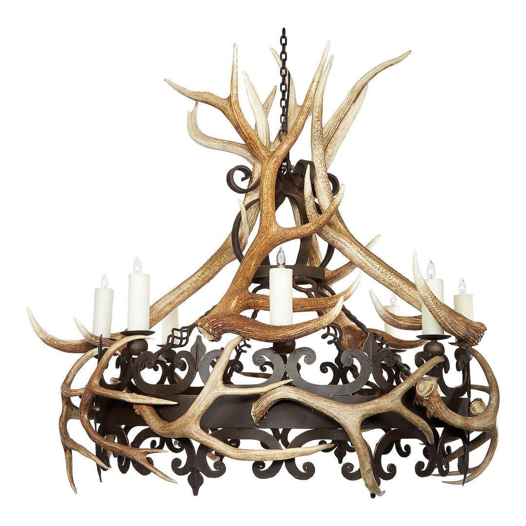 nico wrought iron antler chandelier with scroll design natural shed antlers handcrafted by ashore lighting dallas texas rustic luxury lighting