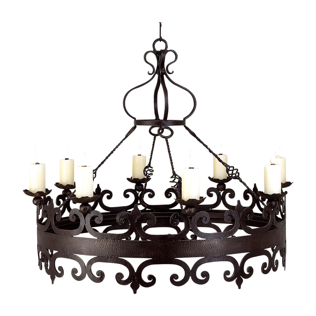 Nico round wrought iron chandelier with decorative scrollwork and 6-16 lights, handcrafted in Dallas with optional alabaster shades