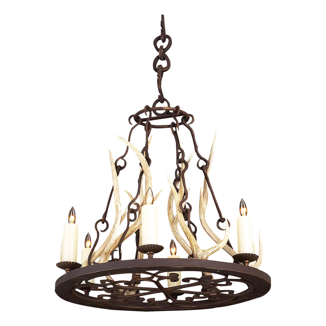 Noah wrought iron antler chandelier with forged iron frame and naturally shed antlers, handcrafted designer lighting by manufacturer in Dallas Texas