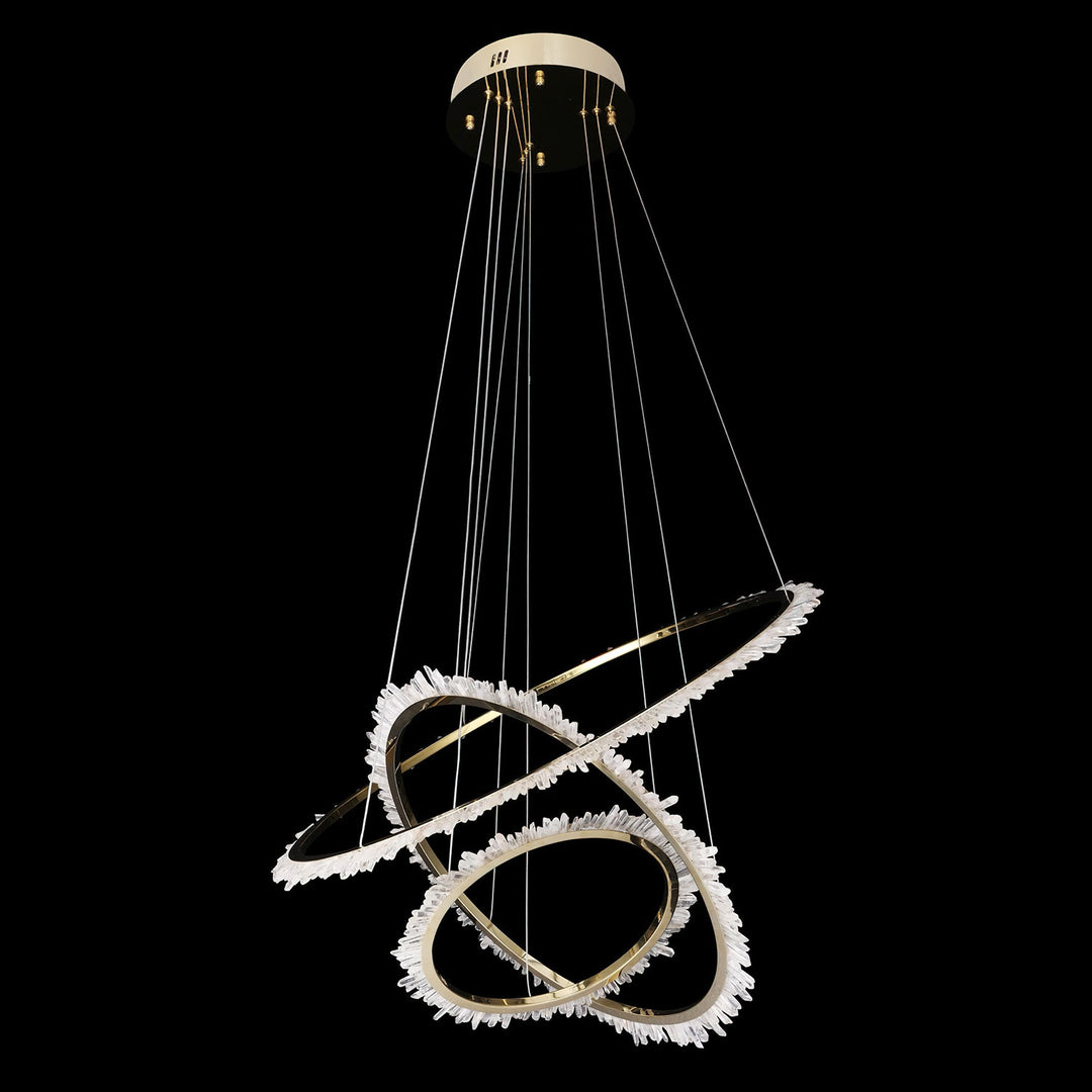 Orbit three-ring wrought iron quartz chandelier with intersecting circular rings lined in illuminated natural quartz formations.