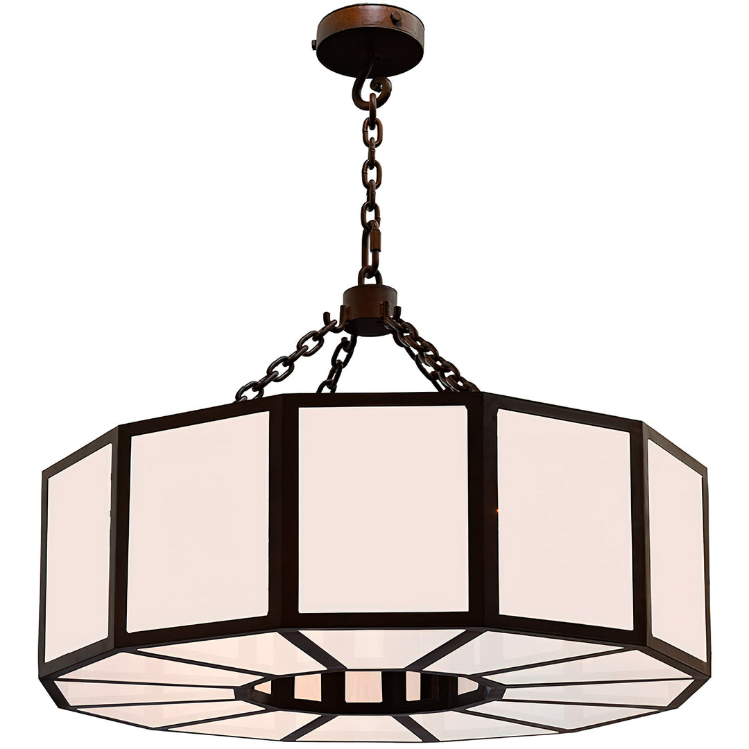 Palace wrought iron drum chandelier with geometric iron framing, luminous architectural panels, and substantial chain suspension.