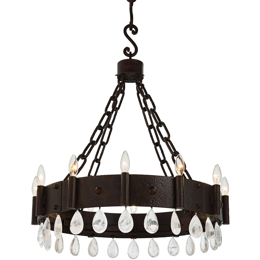 Palisades wrought iron ring chandelier with textured riveted band, candle-style lights, iron chain suspension, and clear crystal drops.