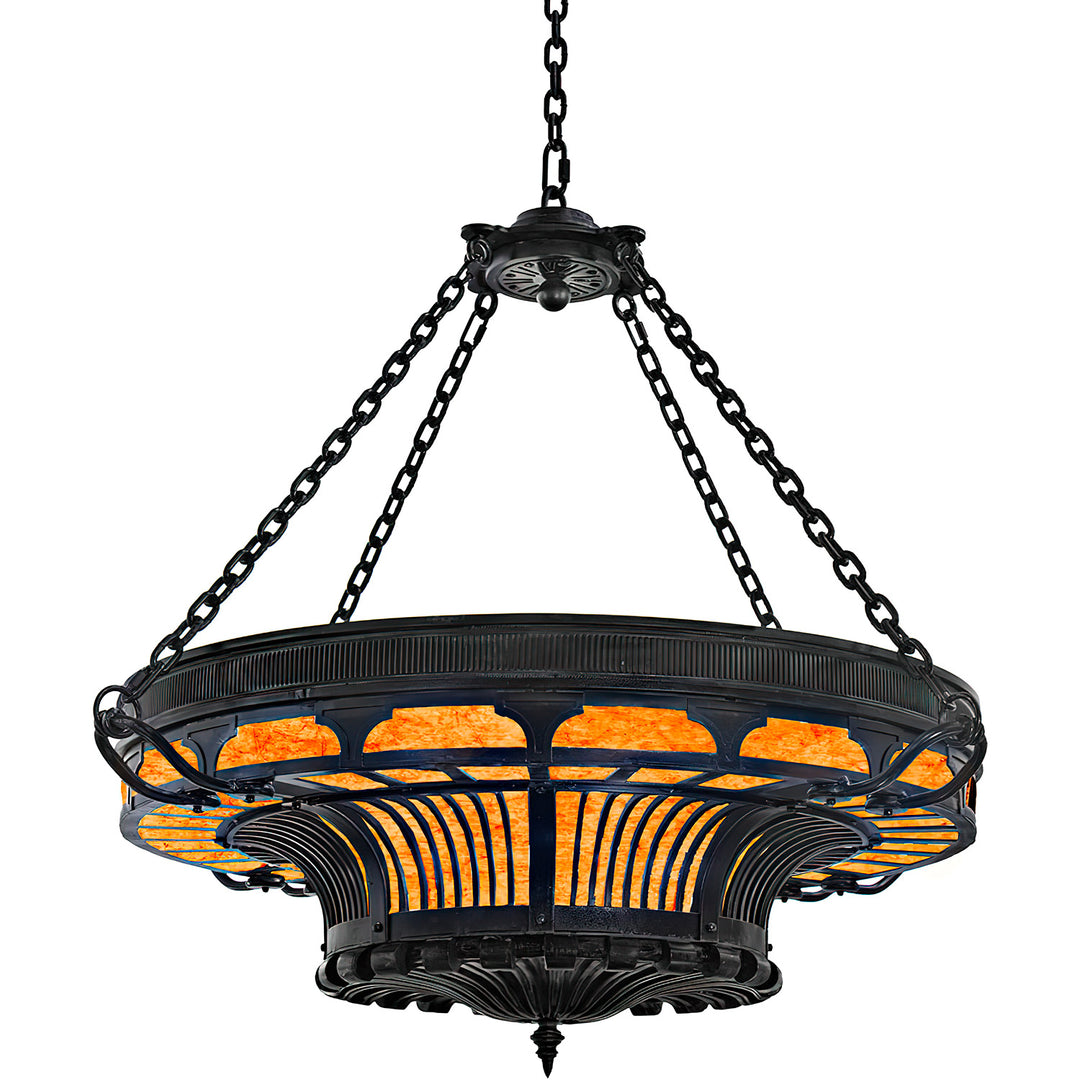 Pandora wrought iron chandelier with illuminated natural alabaster panels, ornate ironwork, and chain suspension for grand interiors.