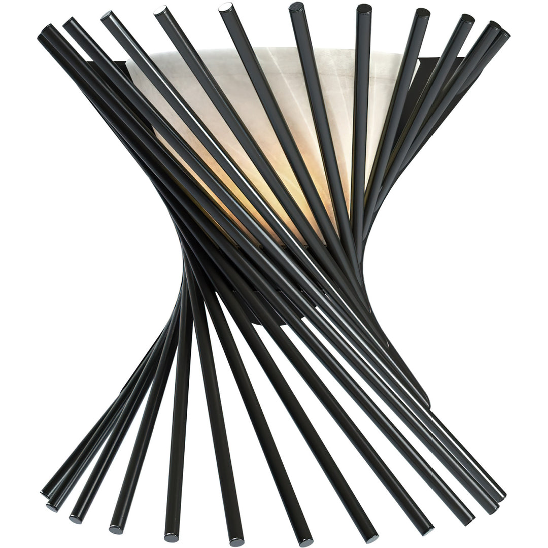 Phoenix sculptural wrought iron wall sconce with intersecting black iron rods and a luminous natural alabaster panel in a 17-inch design.