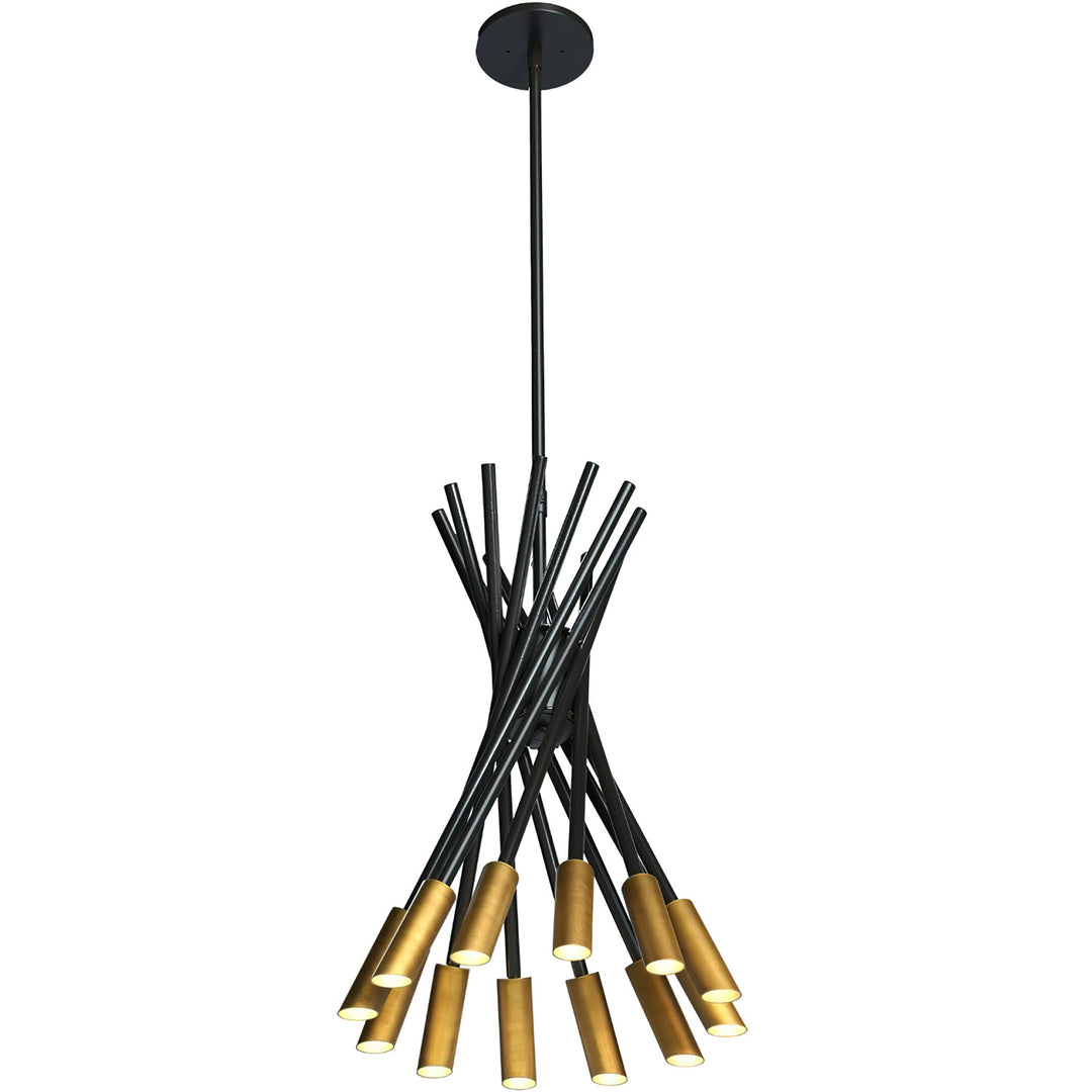 Phoenix wrought iron pendant with intersecting black iron rods and downward-facing gold-toned cylindrical lights in a sculptural design.