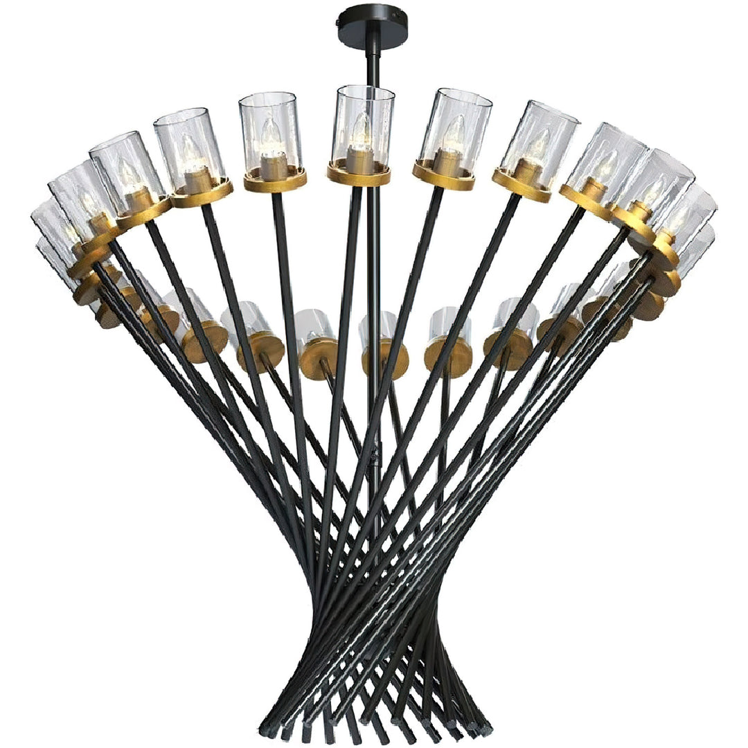 Phoenix X sculptural wrought iron chandelier with intersecting iron rods, 24 candle-style lights, and clear glass cylinders.