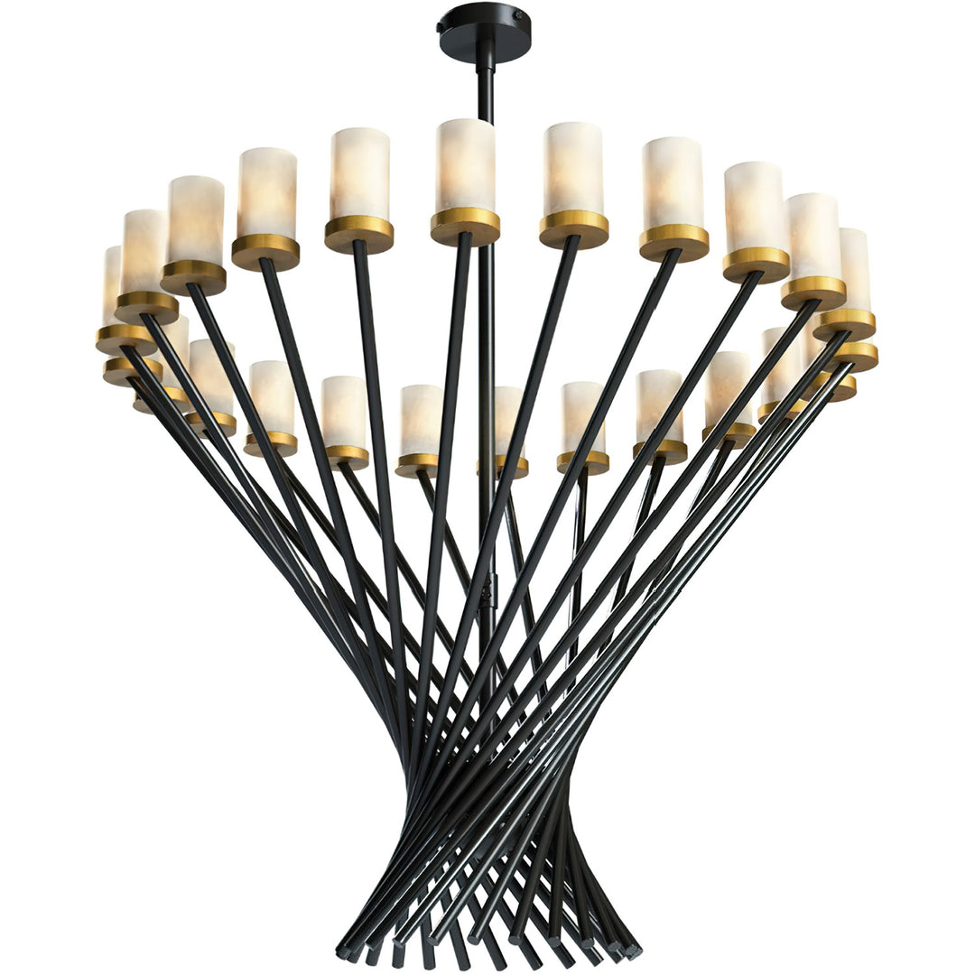 Phoenix Y sculptural wrought iron chandelier with 24 natural alabaster shades, intersecting black iron rods, and warm metallic accents.