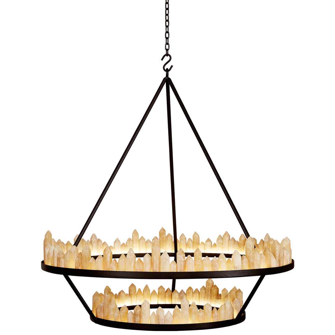 Pietra two-tier wrought iron quartz chandelier with graduated circular rings filled with illuminated natural quartz formations.
