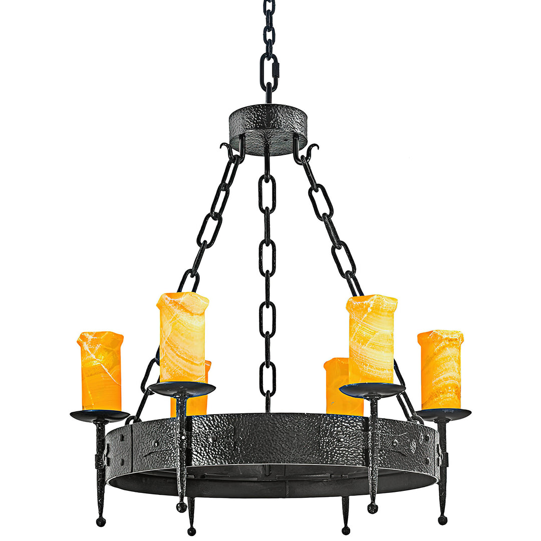 Presidio round hammered wrought iron chandelier with candle style lights and forged iron ring, handcrafted iron chandelier for dining rooms