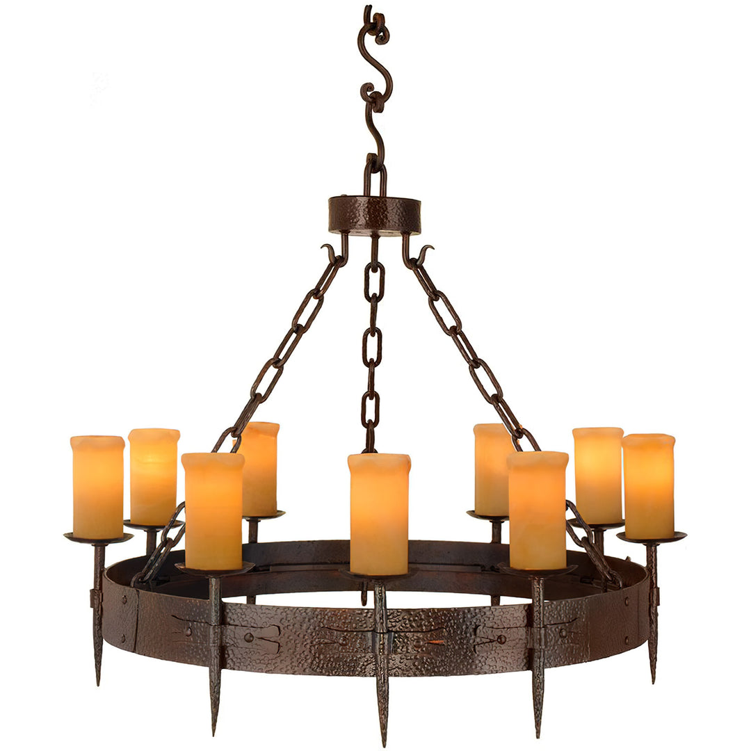 Presidio Spanish Revival wrought iron chandelier with nine Amber natural alabaster shades, textured circular iron band, and chain suspension.