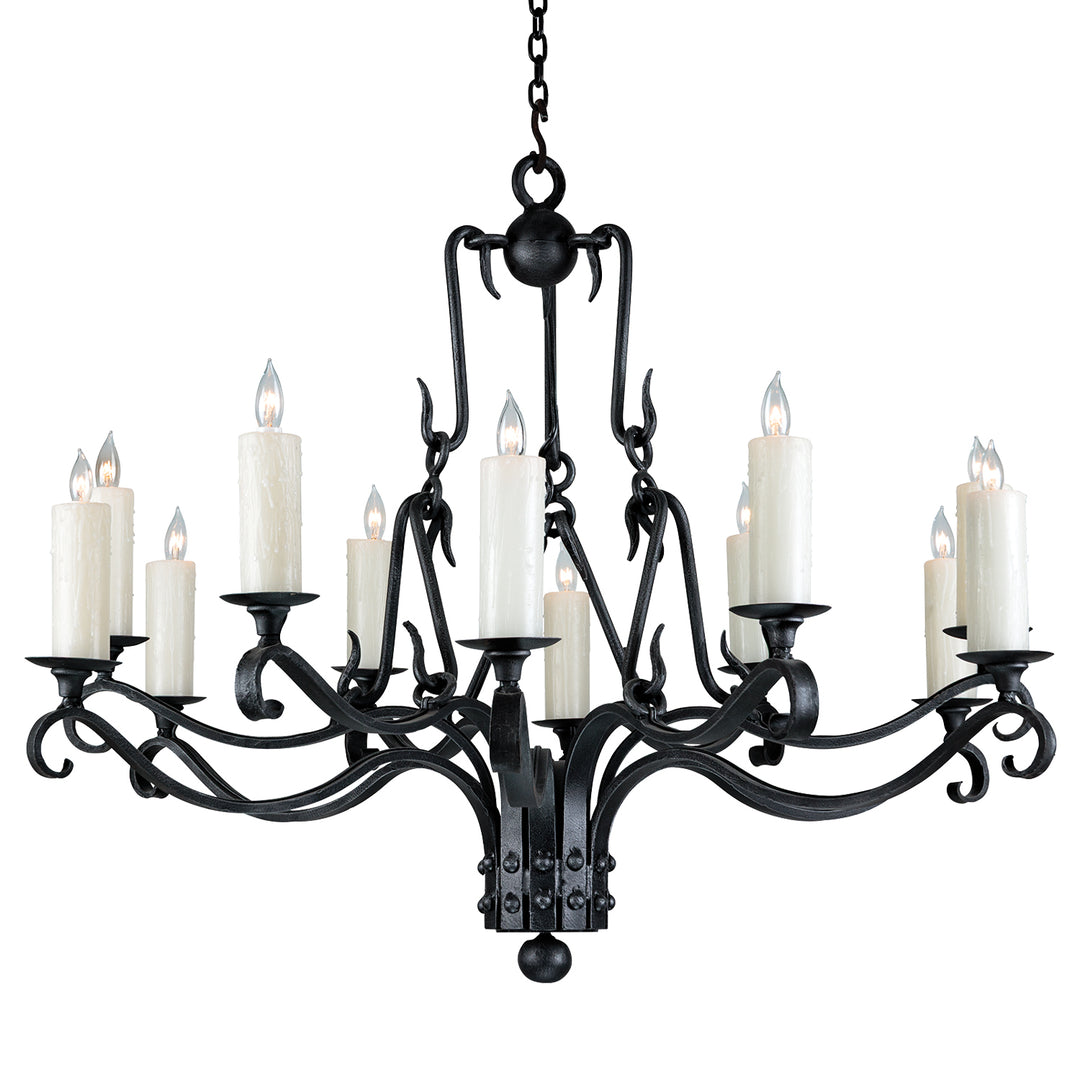 Rachel wrought iron scroll chandelier with layered candle lights, sweeping curved arms, sculptural suspension details, and a dark finish.