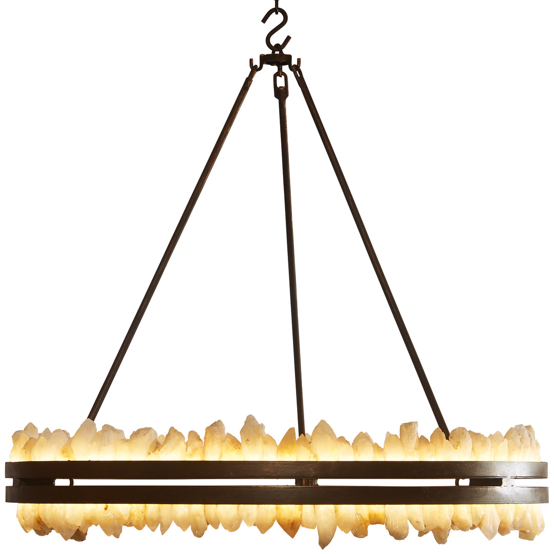 Raw double quartz wrought iron chandelier with layered circular ring and natural quartz crystals handcrafted by ashore lighting dallas texas
