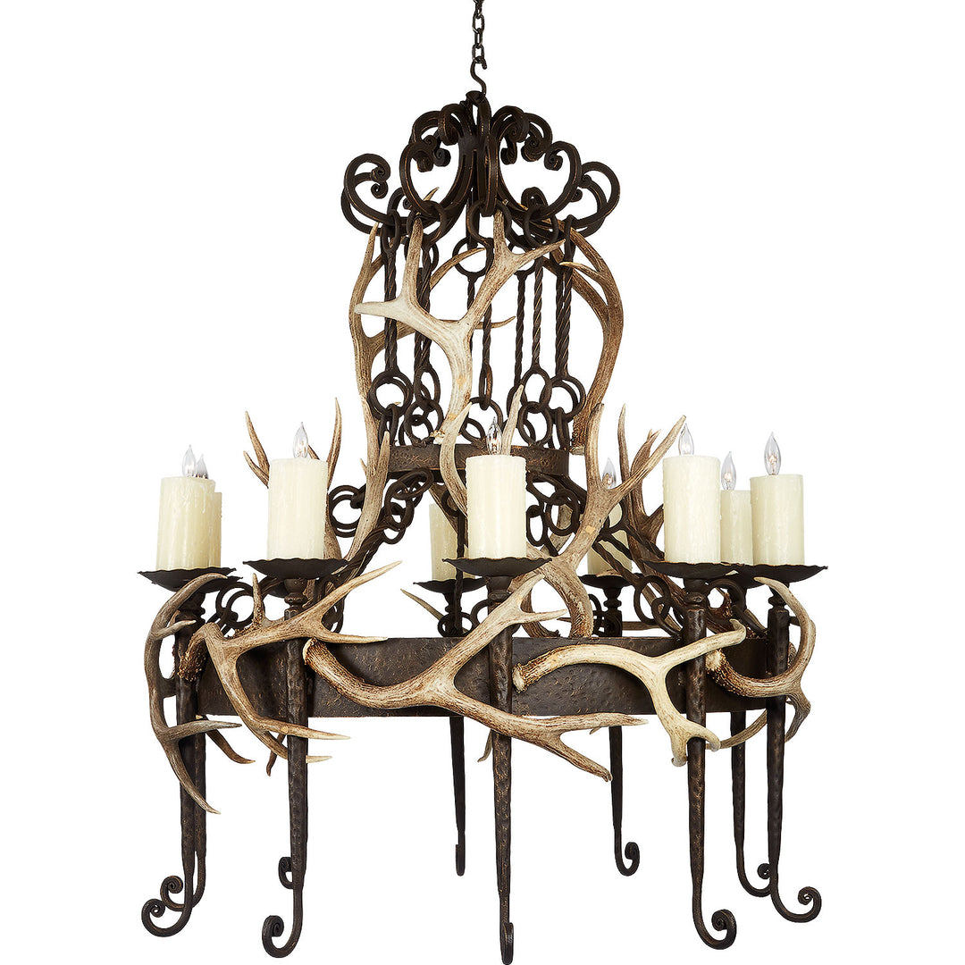 wrought iron antler chandelier with ornate scrollwork and natural antlers, handcrafted designer lighting by manufacturer