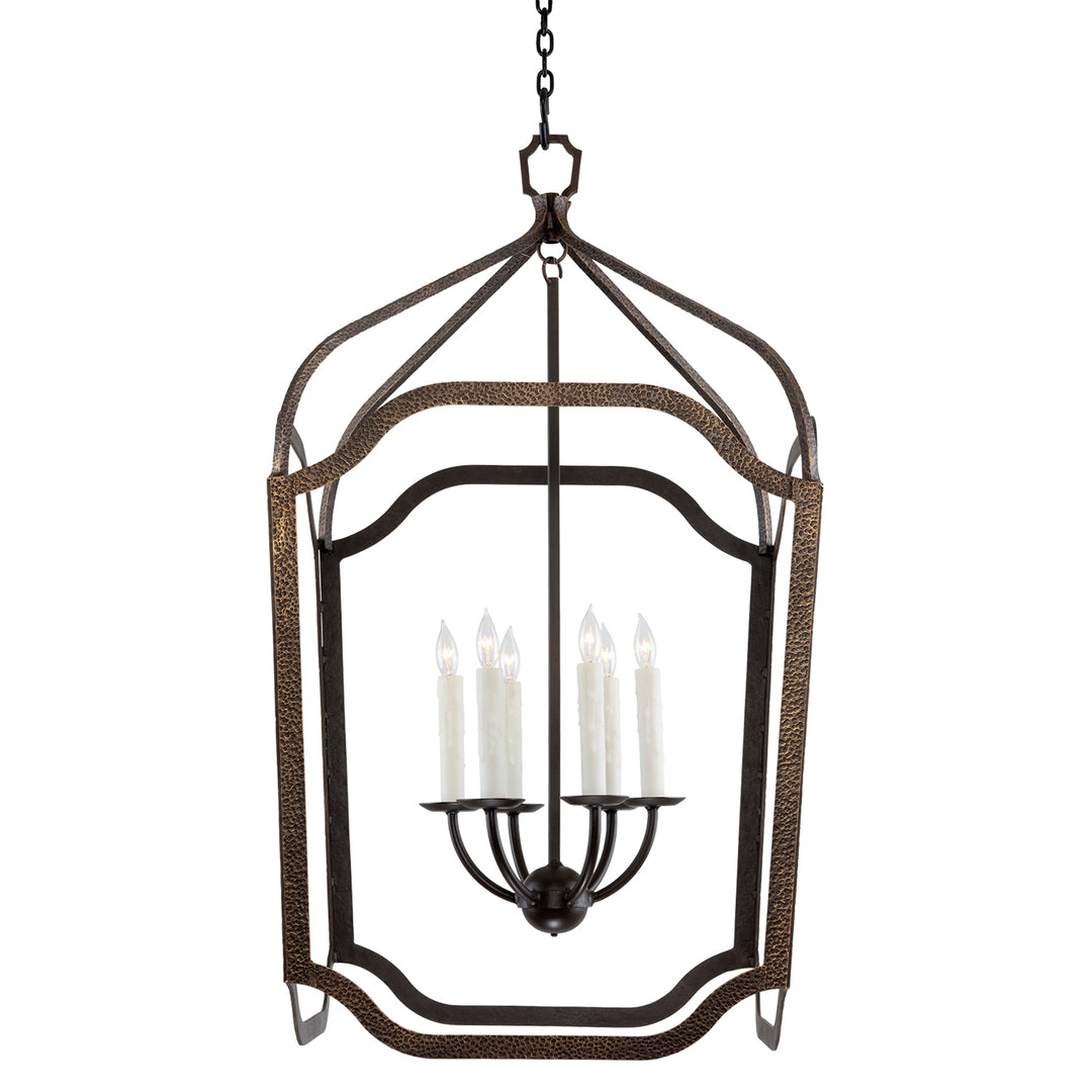 Riley wrought iron lantern pendant with hammered iron frame, six lights, compact open lantern design handcrafted in Dallas
