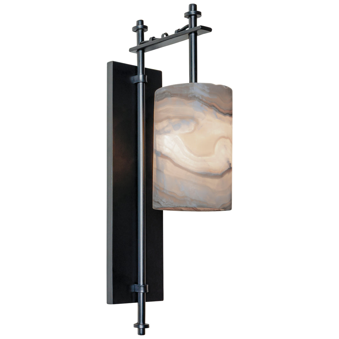 wrought iron alabaster wall sconce with vertical frame and natural stone shade, handcrafted designer lighting by manufacturer in Dallas Texas