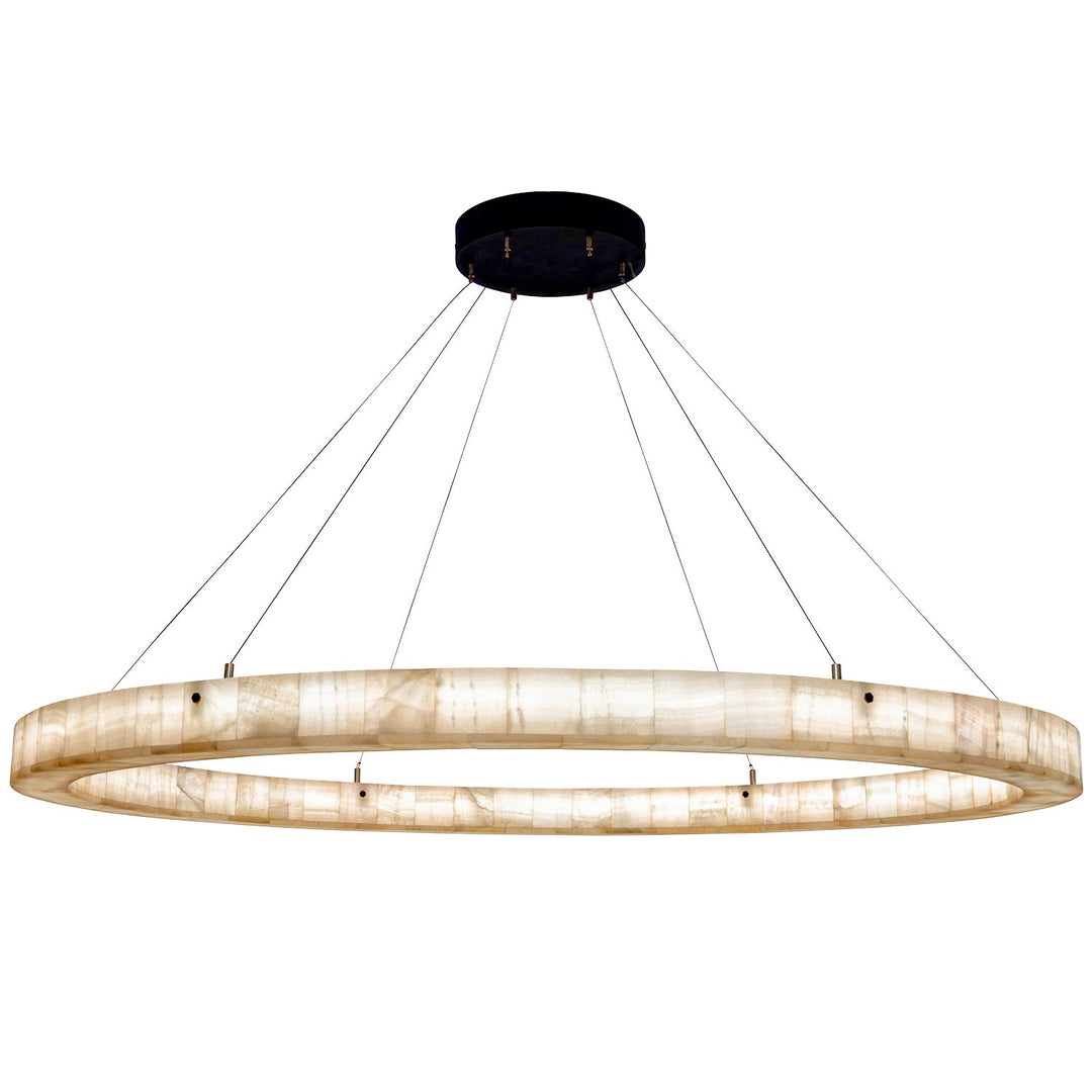 Rivage circular alabaster ring chandelier with natural stone illumination and minimalist wrought iron suspension.