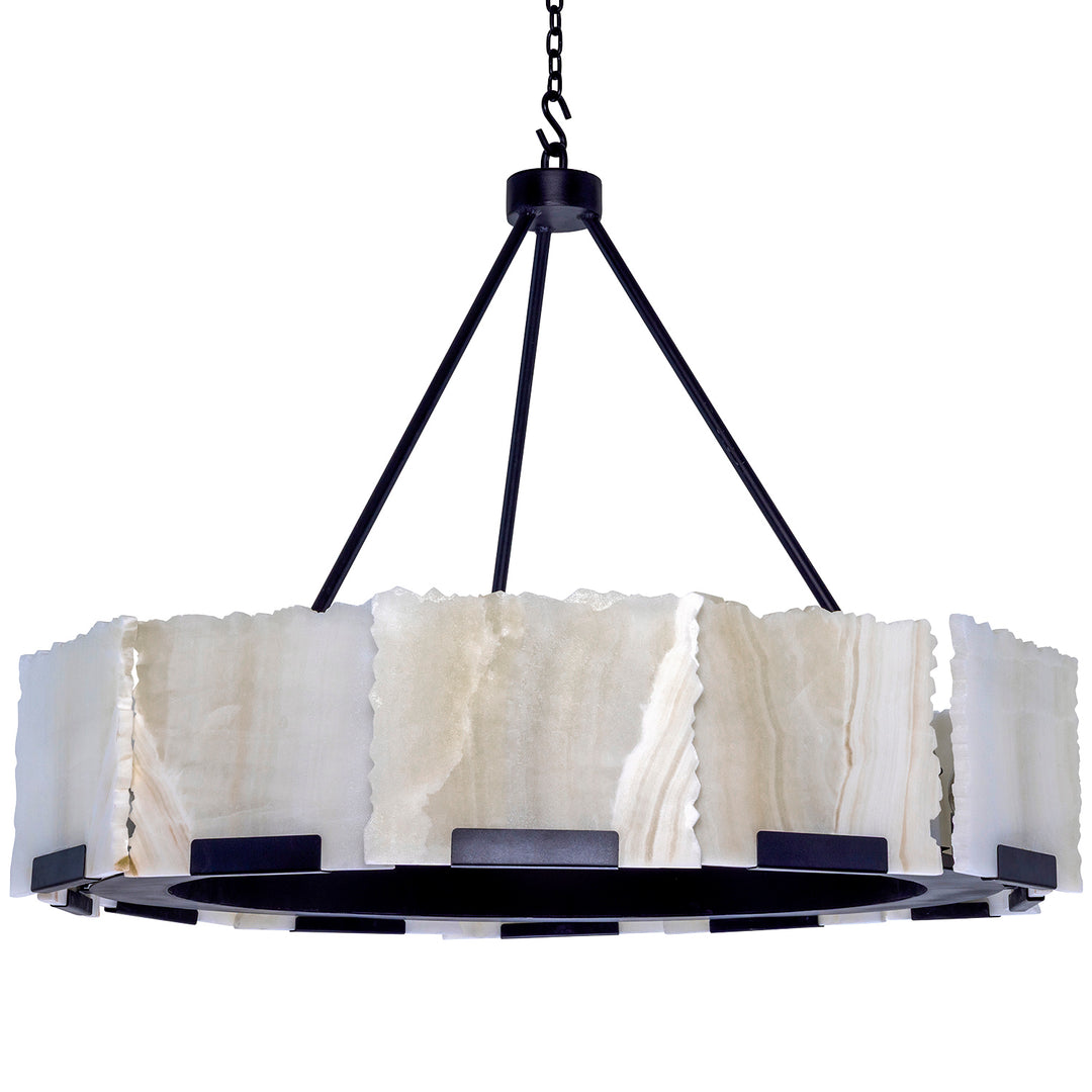 Riven round alabaster chandelier with irregular translucent stone panels, dark wrought iron ring, and three angled suspension supports.