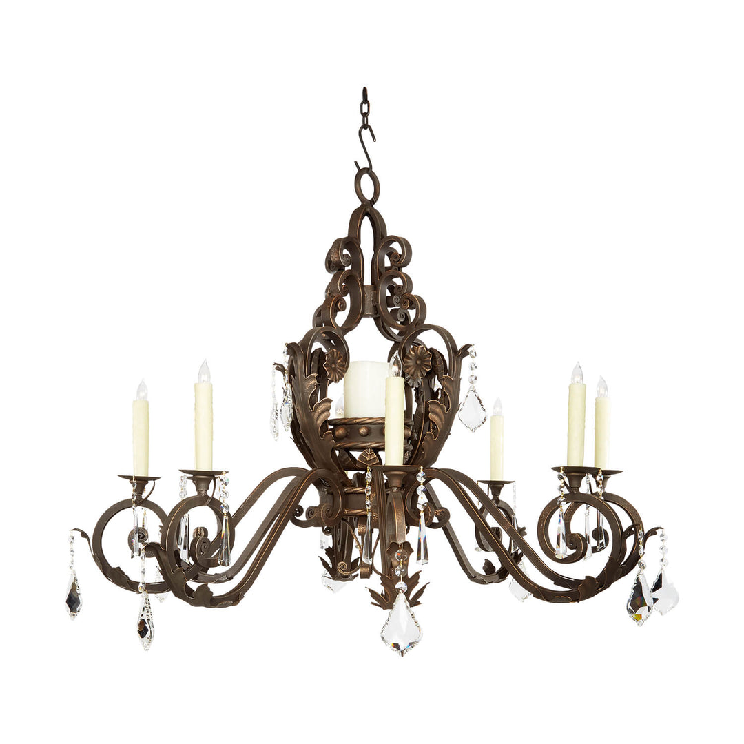 Round Crown nine-light wrought iron chandelier with scrolling candle arms, crown-shaped central ironwork and faceted hanging crystals.