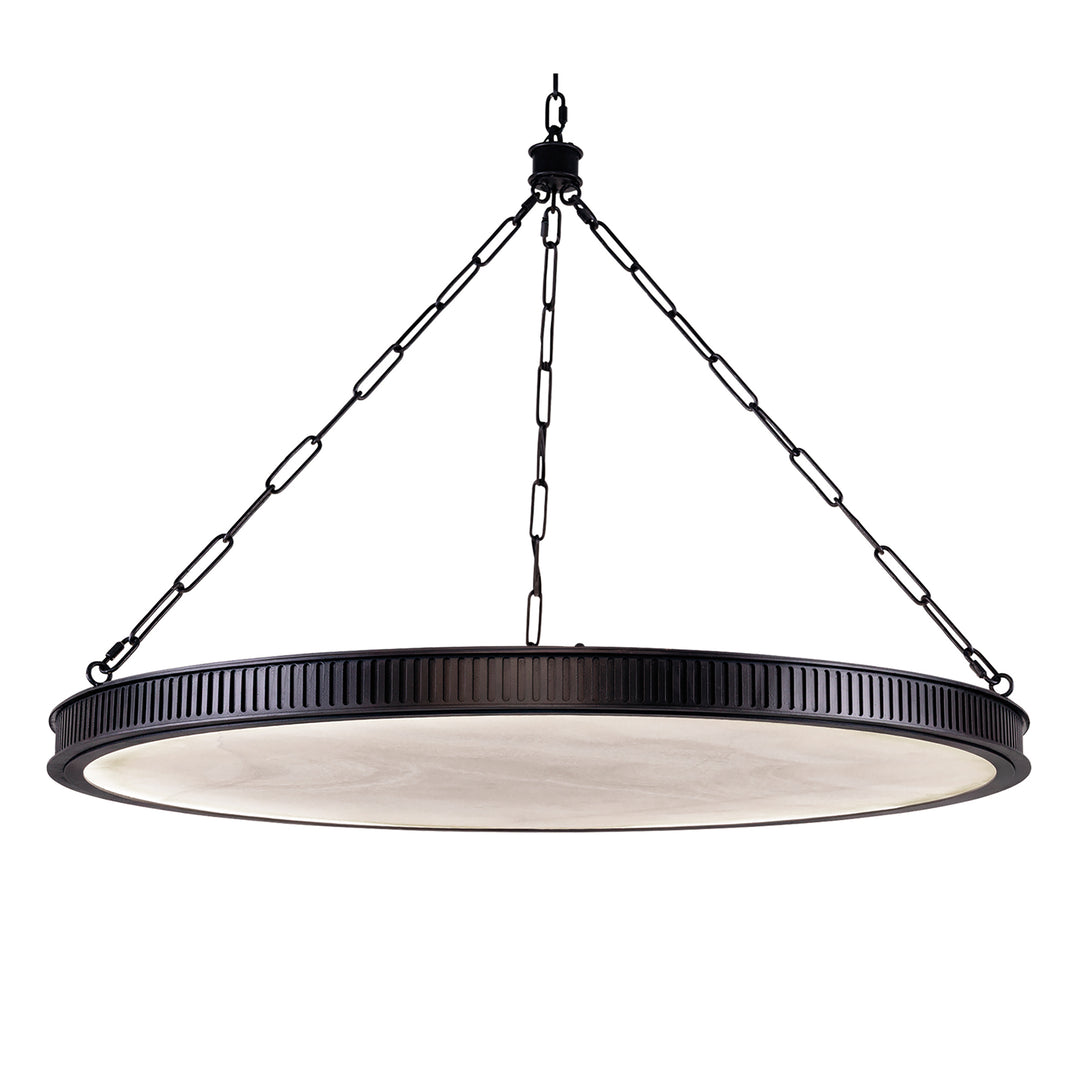 Soho round wrought iron chandelier featuring handcrafted forged iron frame with luminous natural onyx diffuser forming a modern disc chandelier