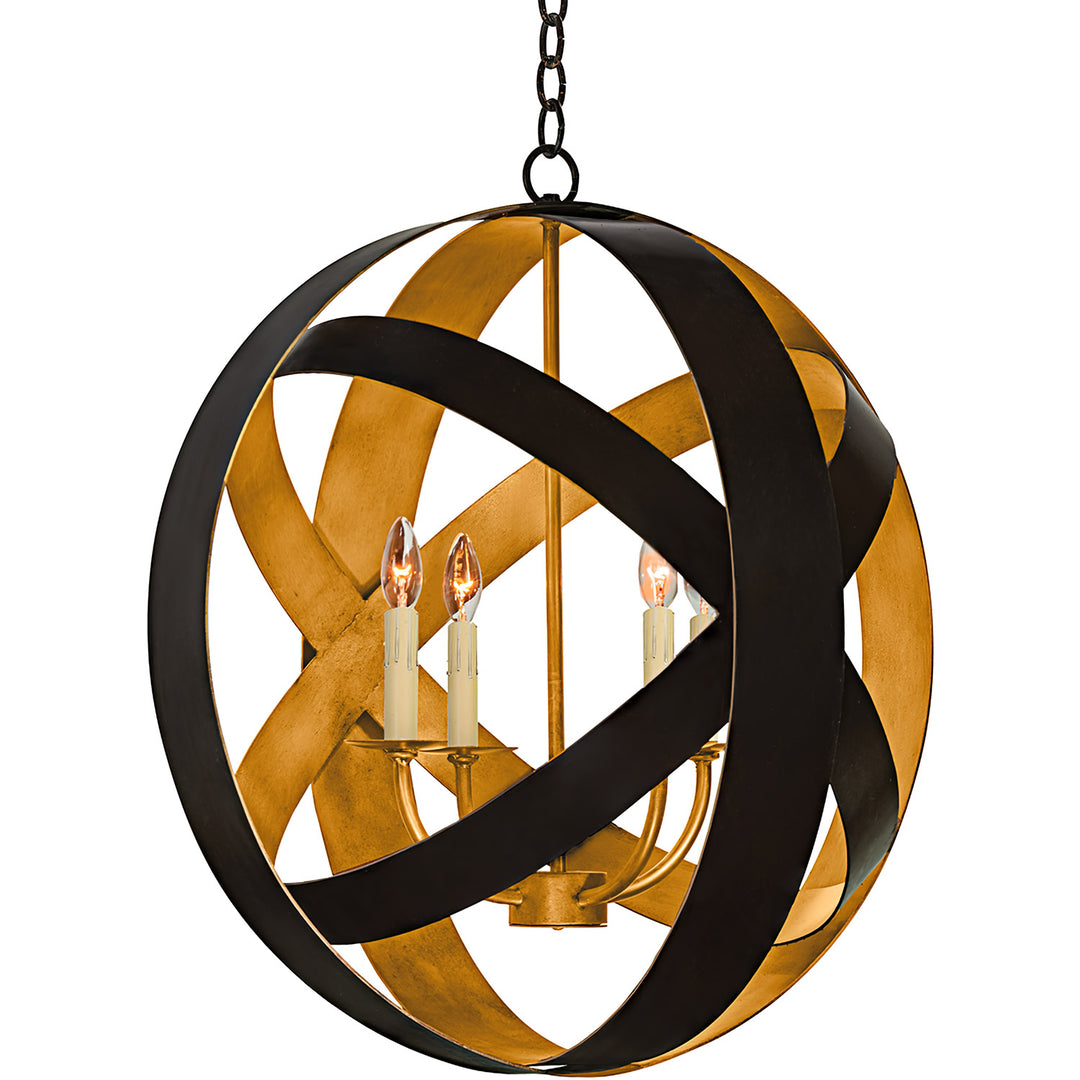 Round Spheres four-light wrought iron orb chandelier with intersecting dark iron bands, gold-toned inner surfaces and an open spherical frame.