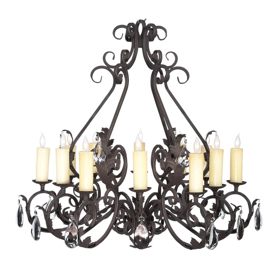Ruby Heirloom wrought iron chandelier with scrolling dark ironwork, twelve candle-style lights, leaf accents and suspended crystal drops.