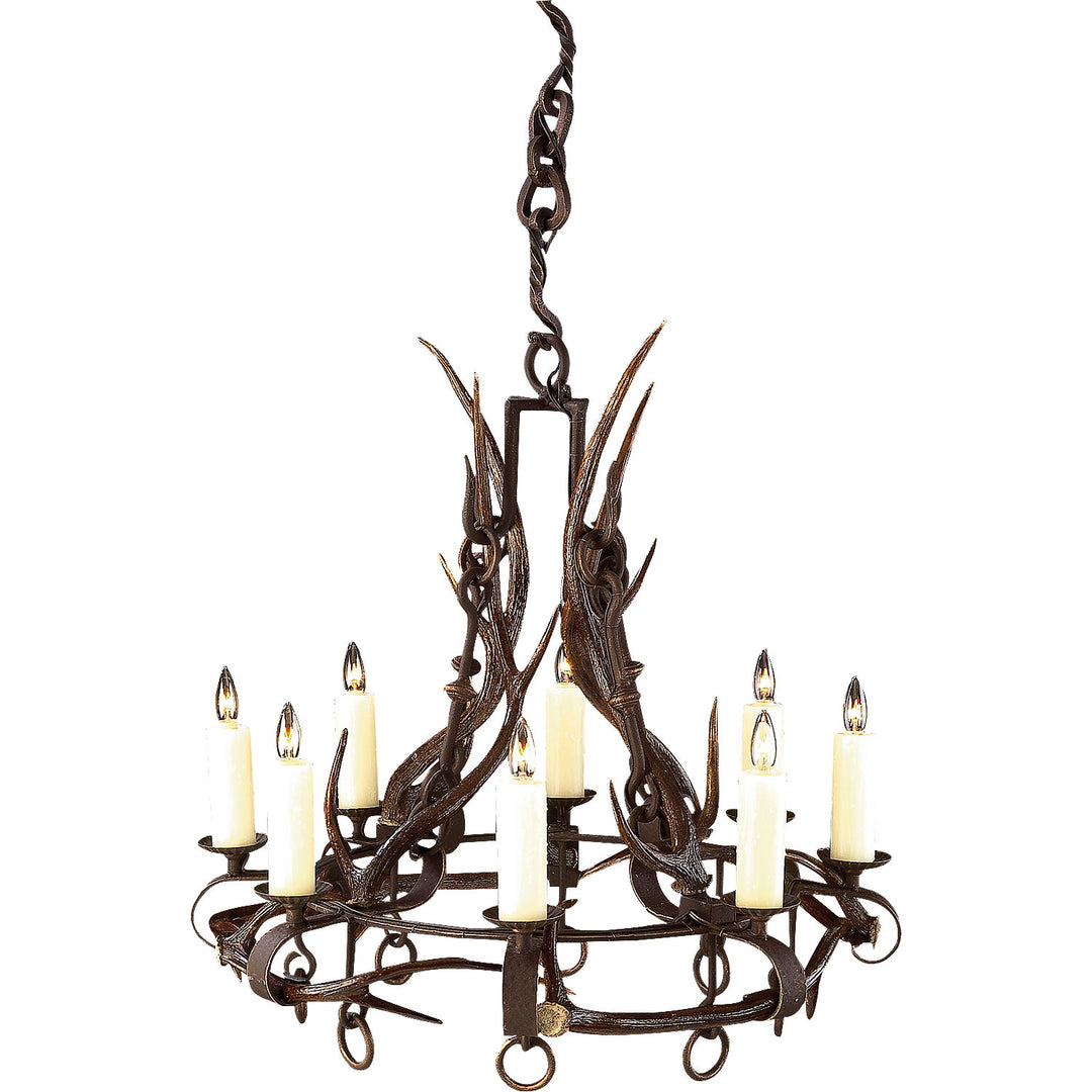 wrought iron antler chandelier with sculptural flowing design, handcrafted lighting featuring natural antlers and forged iron structure
