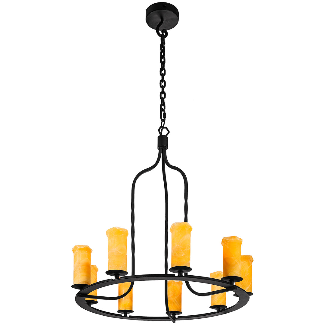 Santana wrought iron ring chandelier with glowing amber alabaster shades, open circular framing, sculptural supports, and a dark finish.