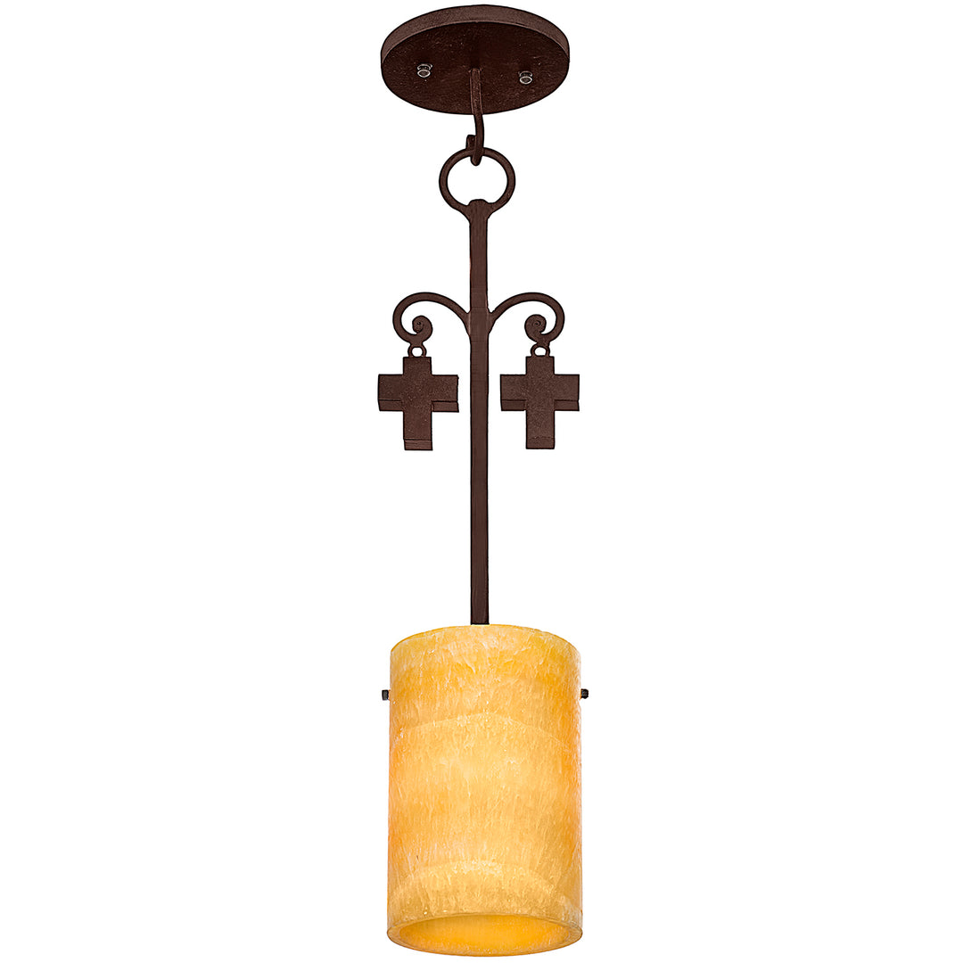 Santiago Alabaster Pendant wrought iron alabaster artisan pendant with cylindrical stone shade and cross detail