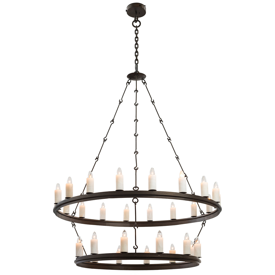 Santori two tier round wrought iron chandelier featuring double ring forged iron frame with candle style lights for large dining rooms and entryways