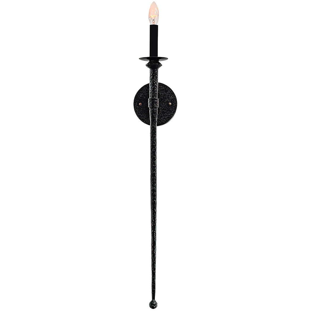 SC-0027 wrought iron candle wall sconce with a textured 33-inch vertical stem, circular backplate, and rounded iron finial.