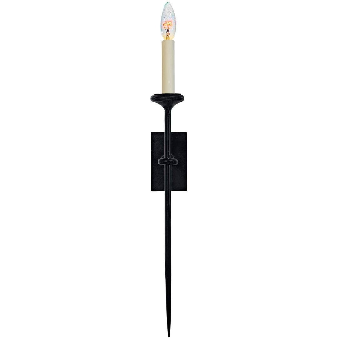 SC-0039 single-light wrought iron wall sconce with a tall candle holder, pointed tapered iron stem, and narrow rectangular backplate.