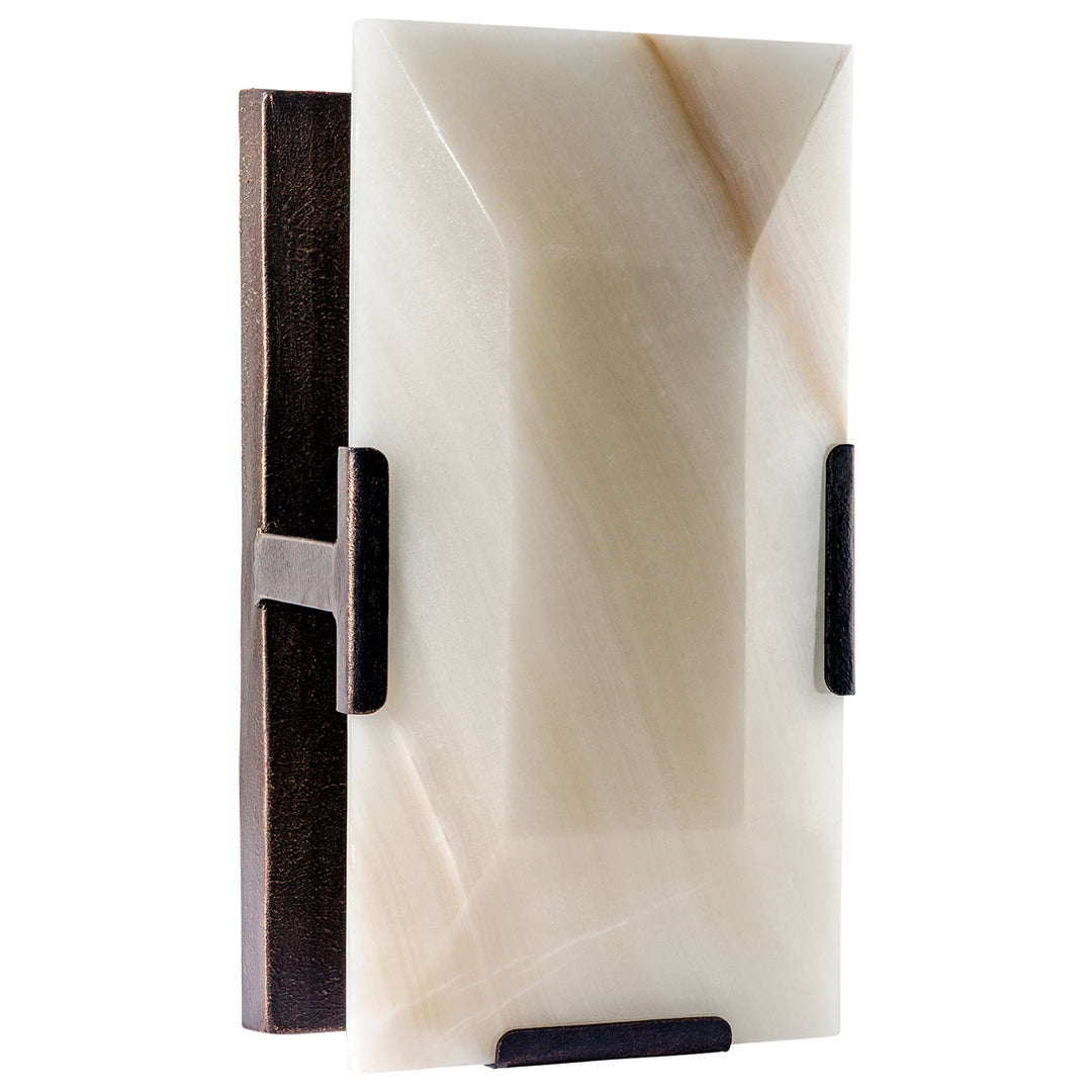 SC-008 designer calcite wall sconce with a softly beveled natural-stone panel, architectural iron supports, and a dark artisan finish.