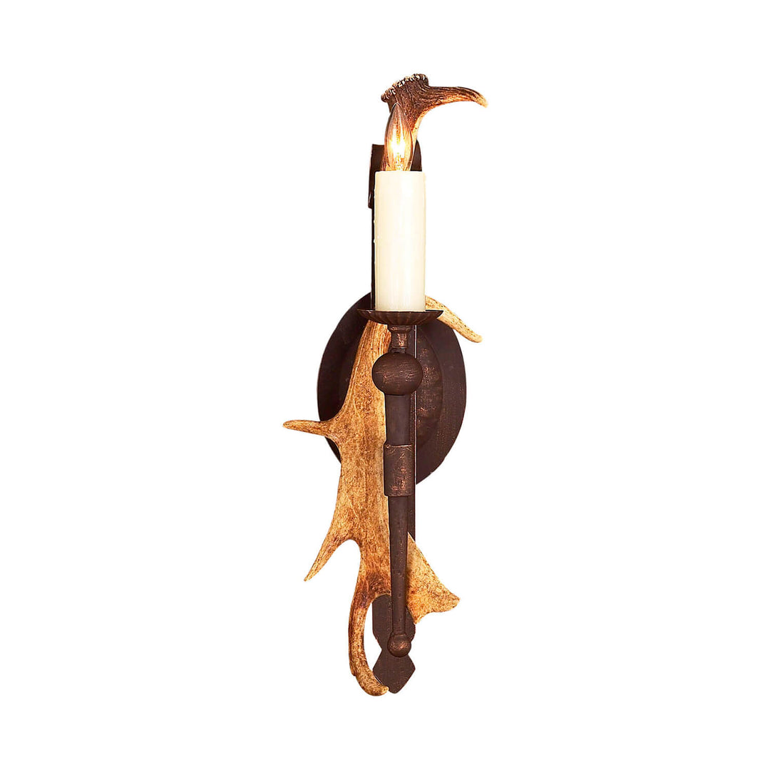 SC-115 wrought iron antler wall sconce featuring genuine naturally shed antler and forged iron frame with candle light