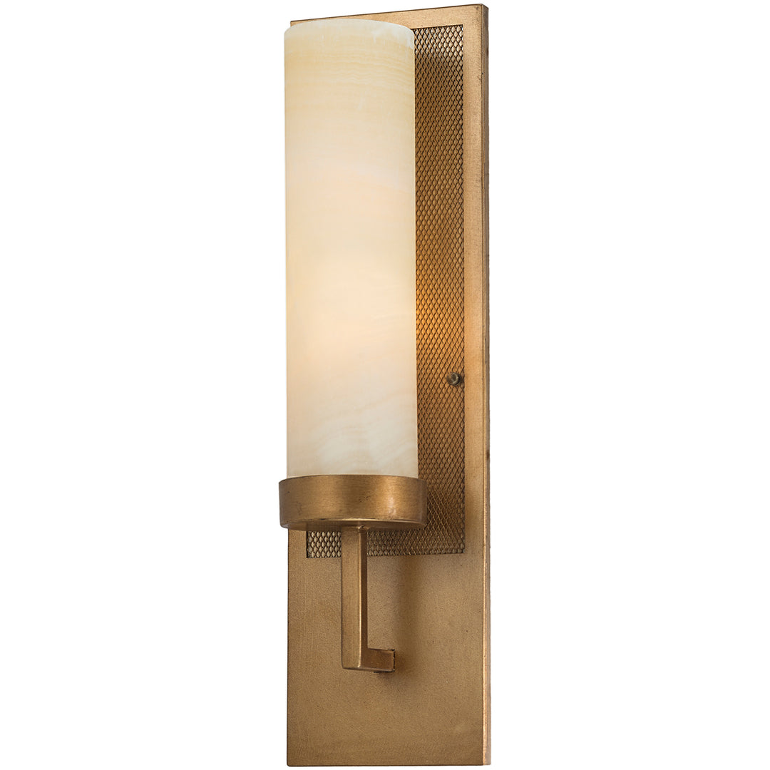 SC-2505 wrought iron alabaster wall sconce with cylindrical natural stone shade, textured rectangular backplate and warm gold-toned finish.
