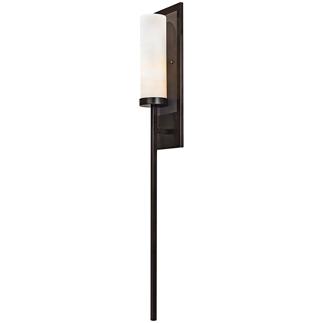 wrought iron wall sconce with alabaster shade, vertical designer lighting handcrafted by manufacturer in Dallas Texas