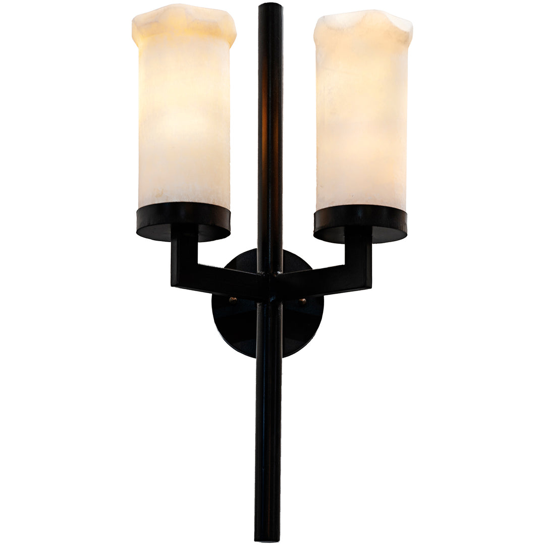 wrought iron wall sconce with dual lights and optional alabaster shades, handcrafted designer iron lighting by manufacturer in Dallas Texas