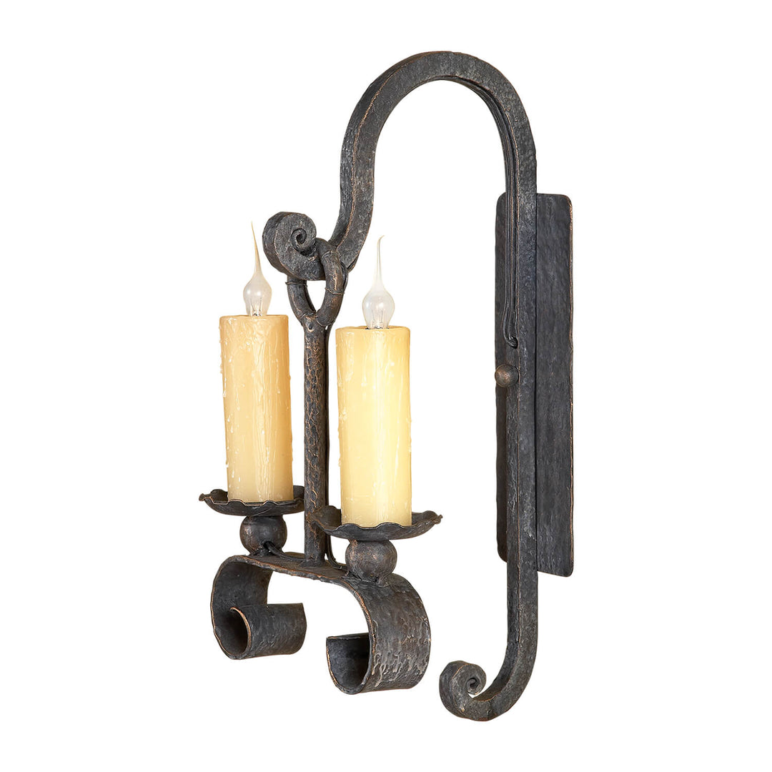 SC-500 wrought iron double-candle wall sconce with arched forged arm, rectangular backplate, two candle lights, and curled scrollwork.
